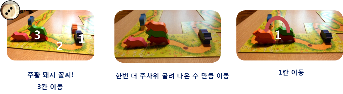 주황 돼지 꼴지! 3칸이동 / 한번 더 주사위를 굴려 나온 수 만큼 이동 / 1칸 이동